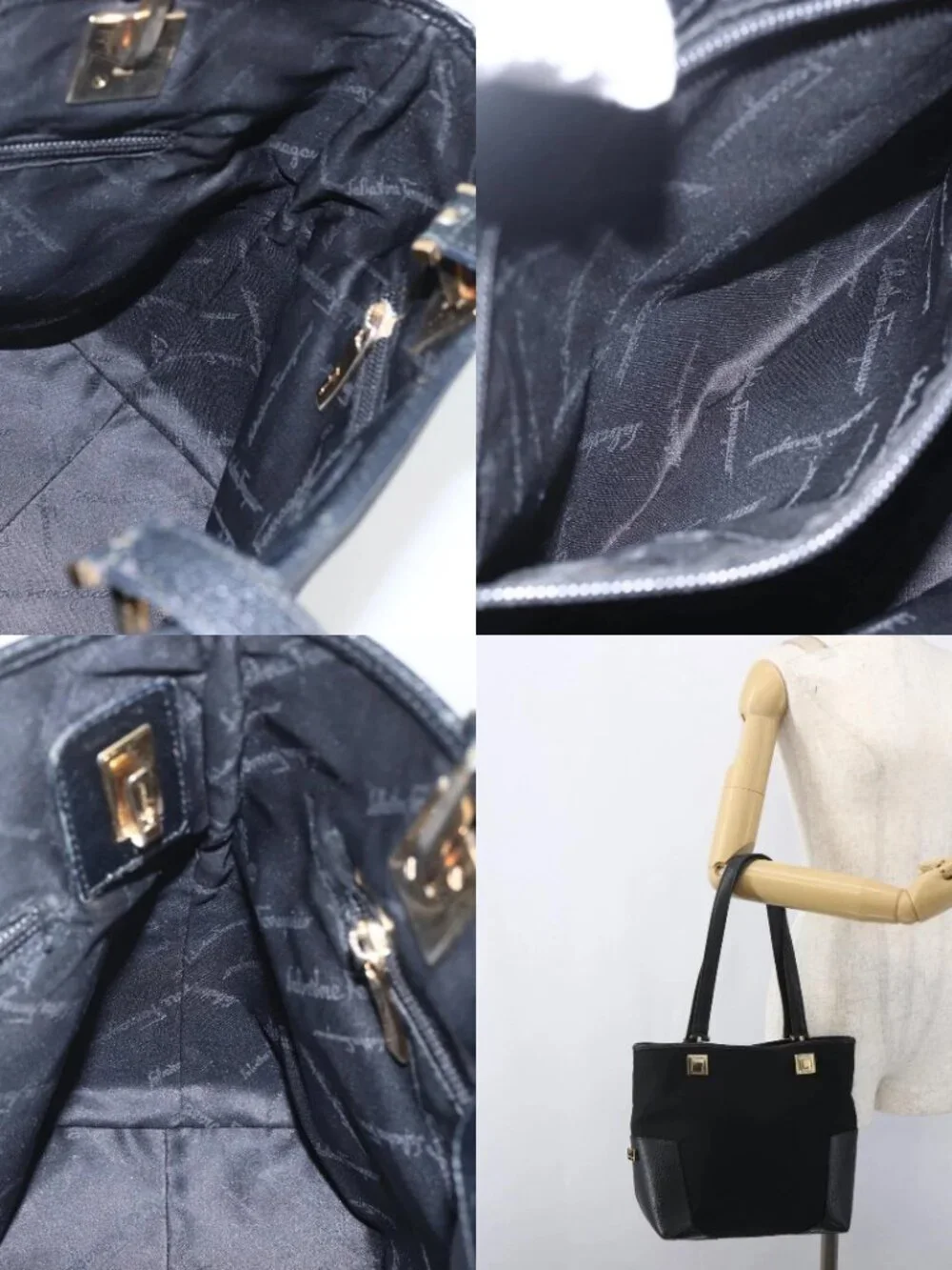 Salvatore Ferragamo Tote Bag Nylon Leather Black Gold Auth 164446